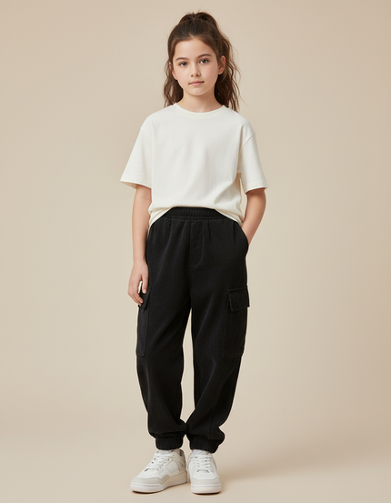 Pantalon Cargo Noir Ample Molletonné Enfant Décontracté