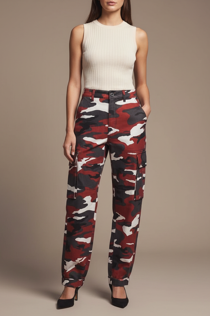Pantalon Cargo Camouflage Rouge Multipoches Décontracté Femme - Toile