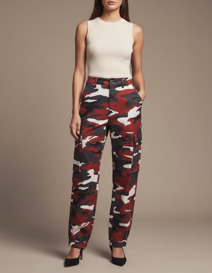Pantalon Cargo Camouflage Rouge Multipoches Décontracté Femme - Toile