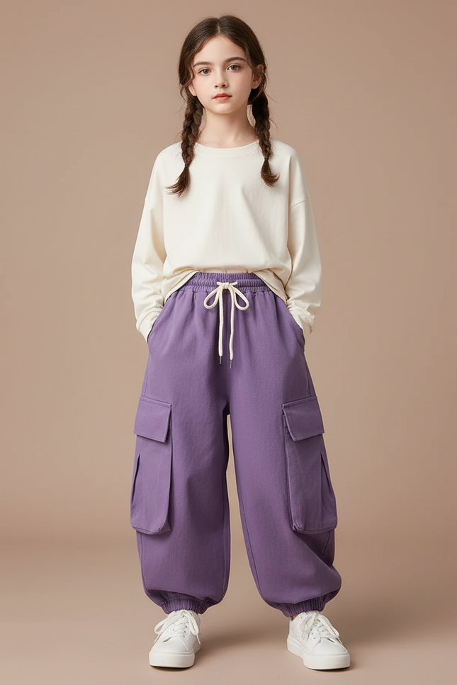 Pantalon Cargo Violet Ample Enfant Multipoches - Molleton