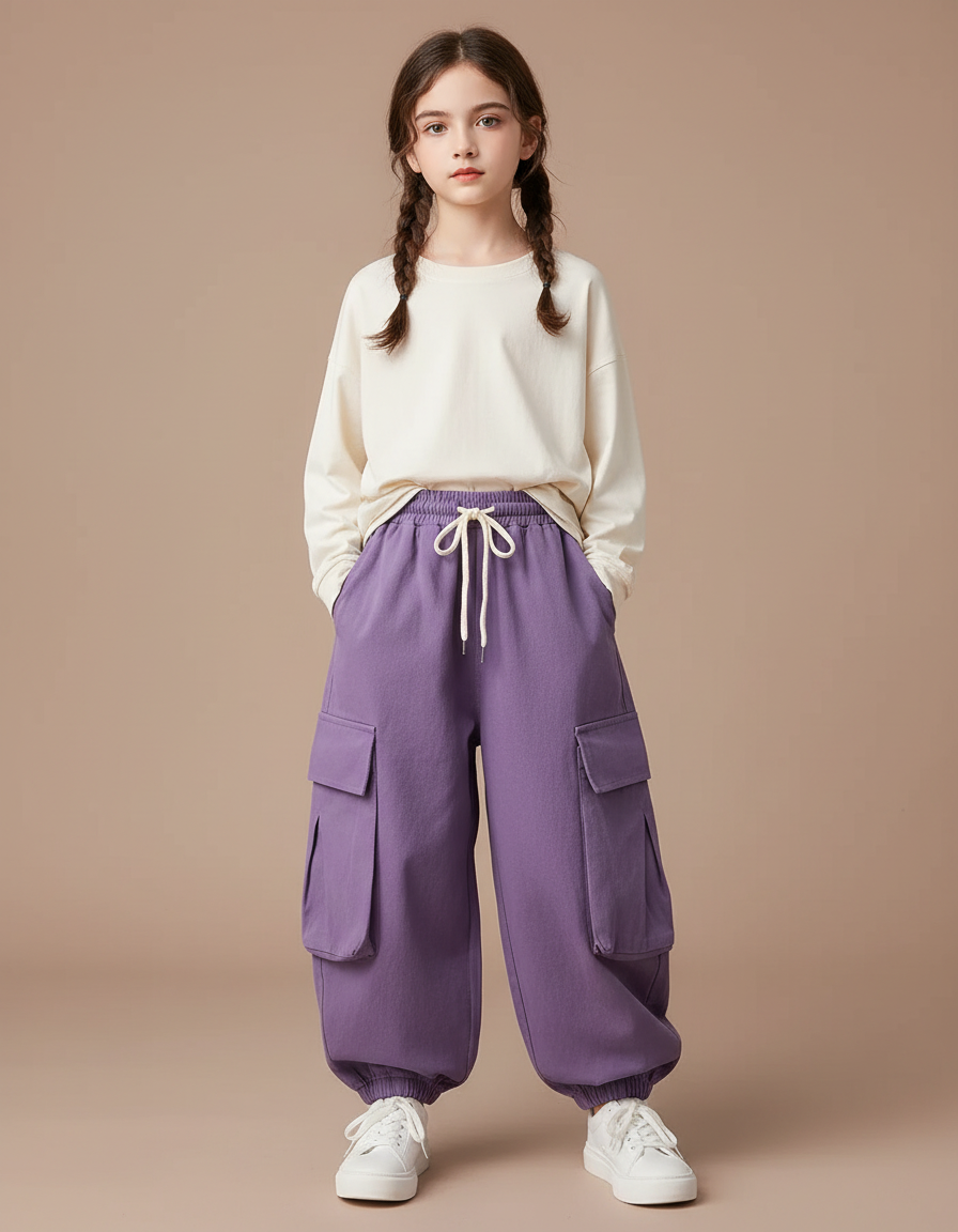 Pantalon Cargo Violet Ample Enfant Multipoches - Molleton