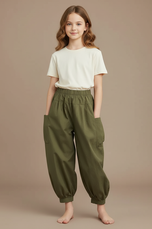 Pantalon Cargo Vert Kaki Ample Coton Enfant