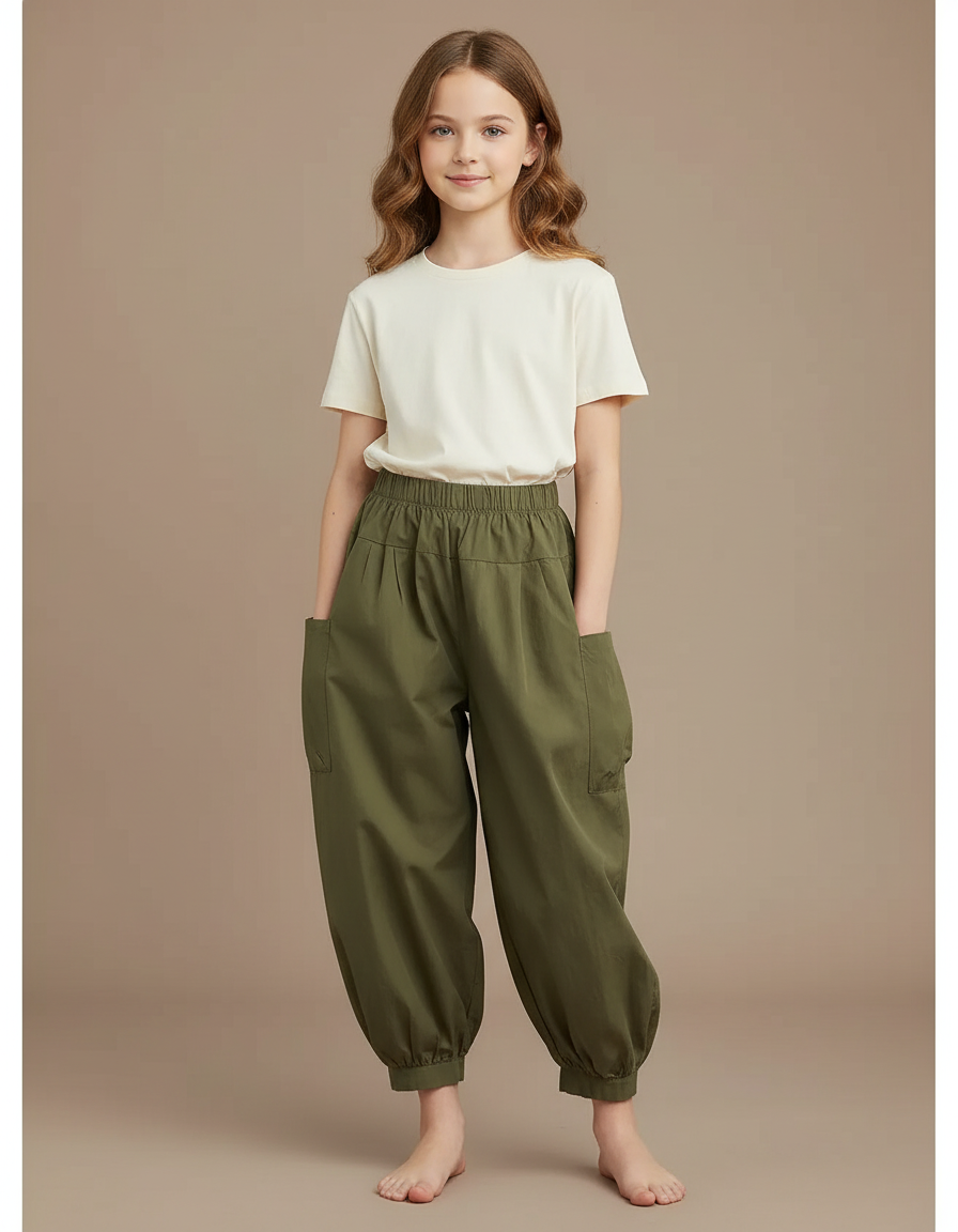 Pantalon Cargo Vert Kaki Ample Coton Enfant
