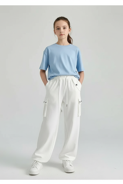 Pantalon Cargo Blanc Ample Décontracté Poches Fille - Molleton