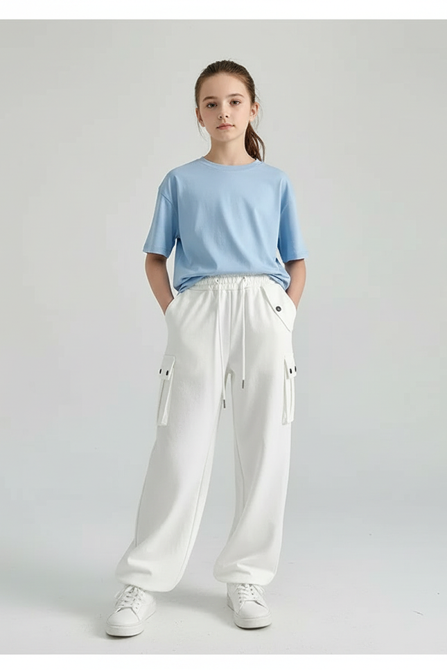 Pantalon Cargo Blanc Ample Décontracté Poches Fille - Molleton