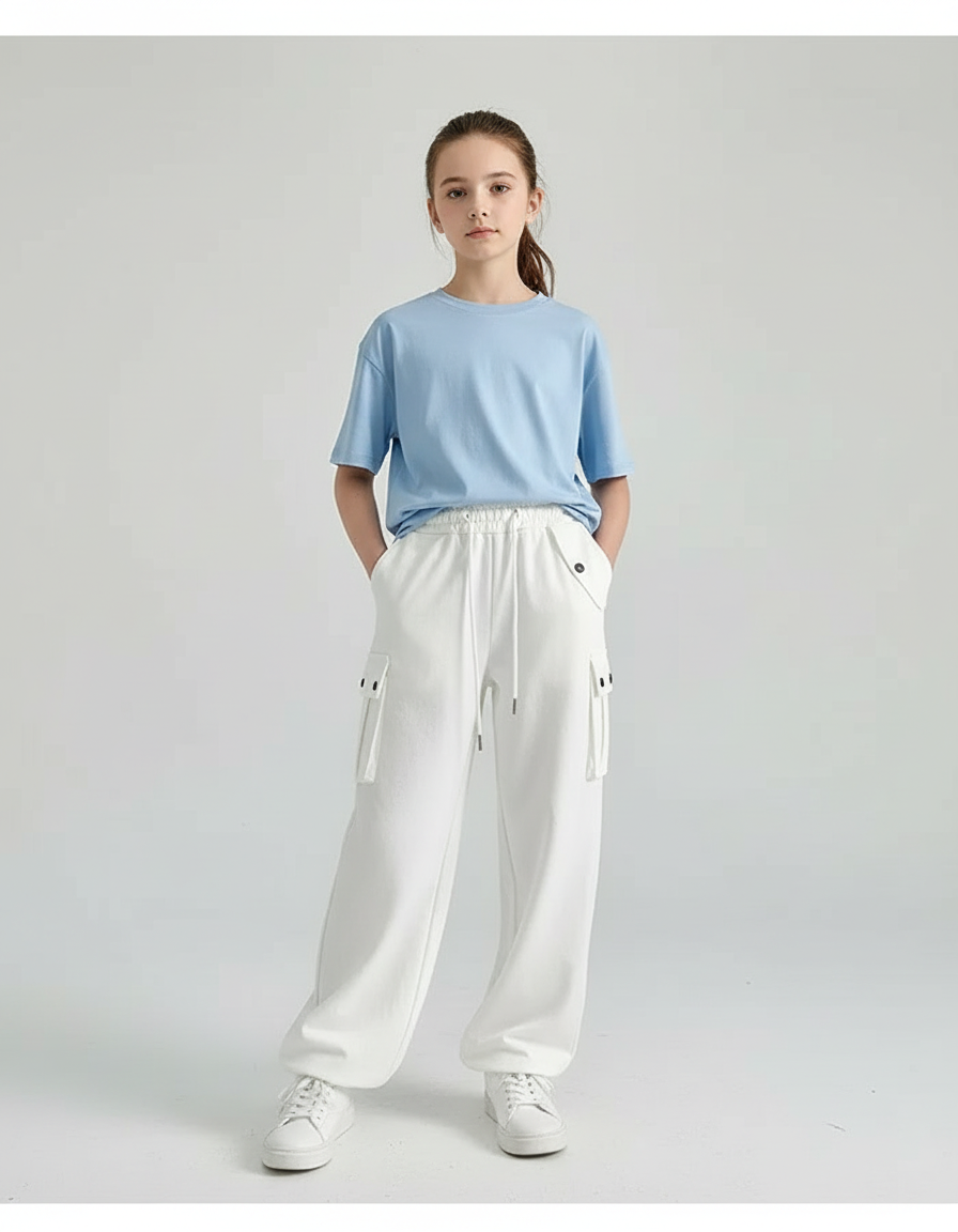 Pantalon Cargo Blanc Ample Décontracté Poches Fille - Molleton