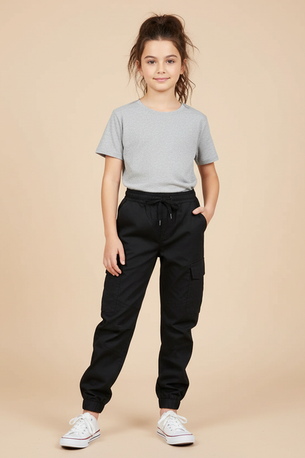Pantalon Cargo Noir Coton Multipoches Enfant Jogger