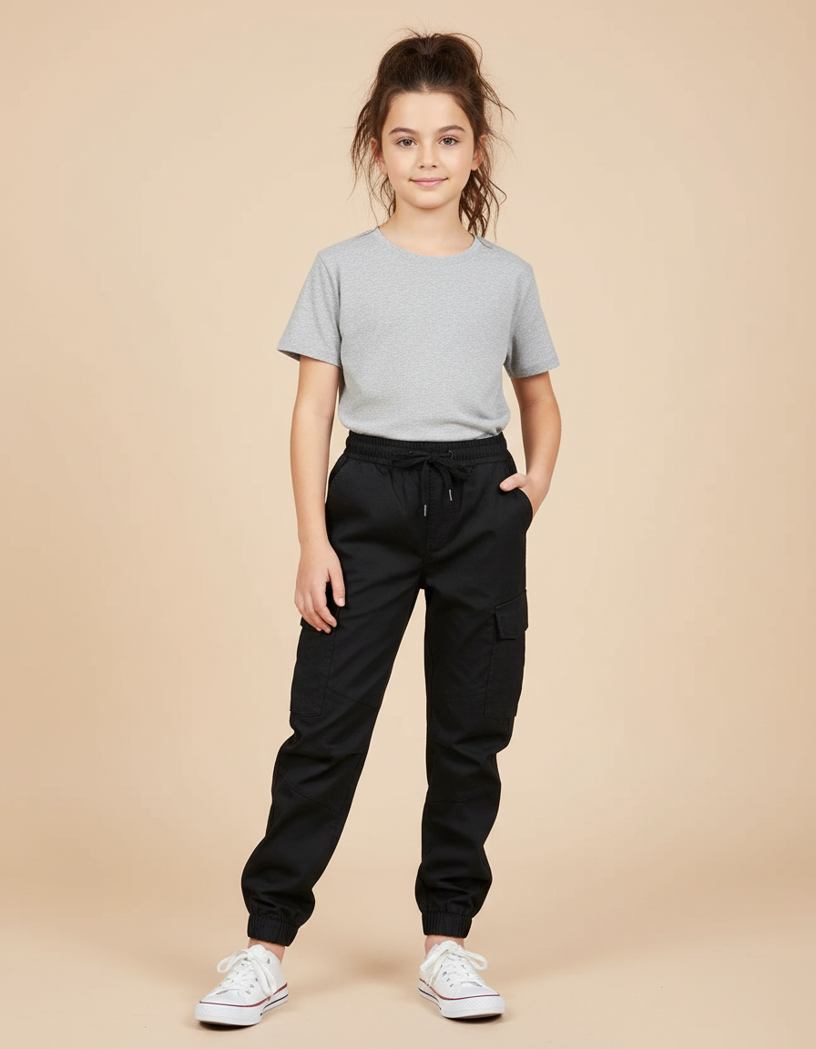 Pantalon Cargo Noir Coton Multipoches Enfant Jogger