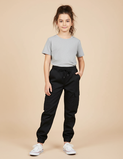 Pantalon Cargo Noir Coton Multipoches Enfant Jogger