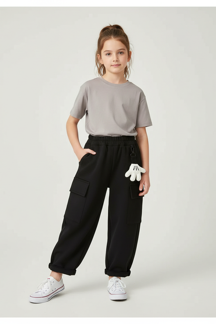 Pantalon Cargo Noir Ample Confortable Enfant - Molleton