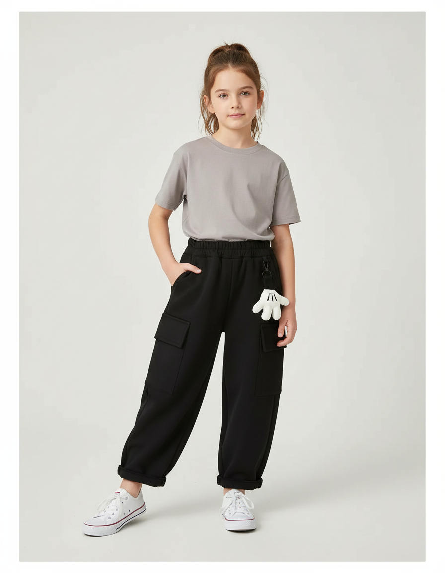Pantalon Cargo Noir Ample Confortable Enfant - Molleton