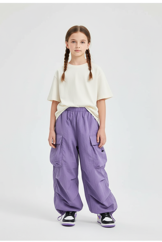 Pantalon Cargo Ample Violet Décontracté Multipoches Enfant - Polyester