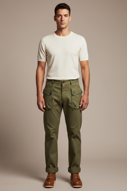 Pantalon Cargo Homme Vert Militaire HBT Ample - Kaki Gabardine
