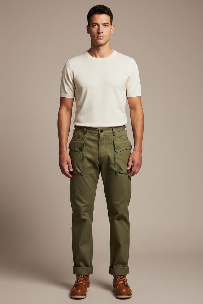 Pantalon Cargo Homme Vert Militaire HBT Ample - Kaki Gabardine