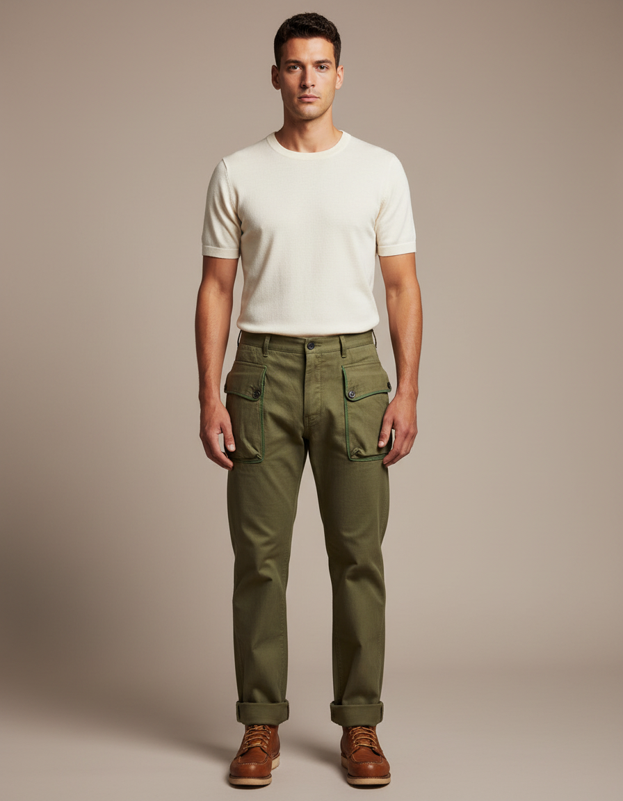 Pantalon Cargo Homme Vert Militaire HBT Ample - Kaki Gabardine