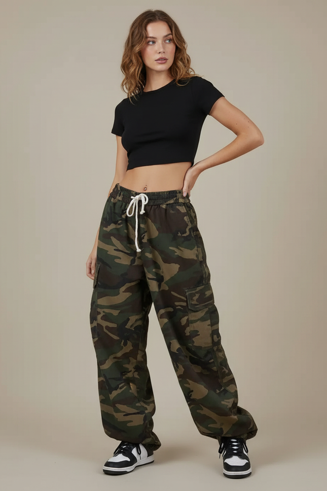 Pantalon Cargo Camouflage Ample Taille Basse Femme - Multicolore Toile