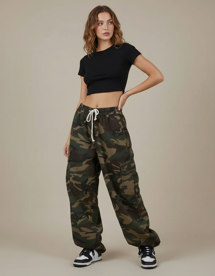 Pantalon Cargo Camouflage Ample Taille Basse Femme - Multicolore Toile
