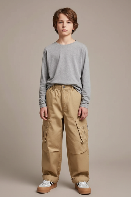 Pantalon Cargo Beige Ample Multipoches Enfant Décontracté - Toile