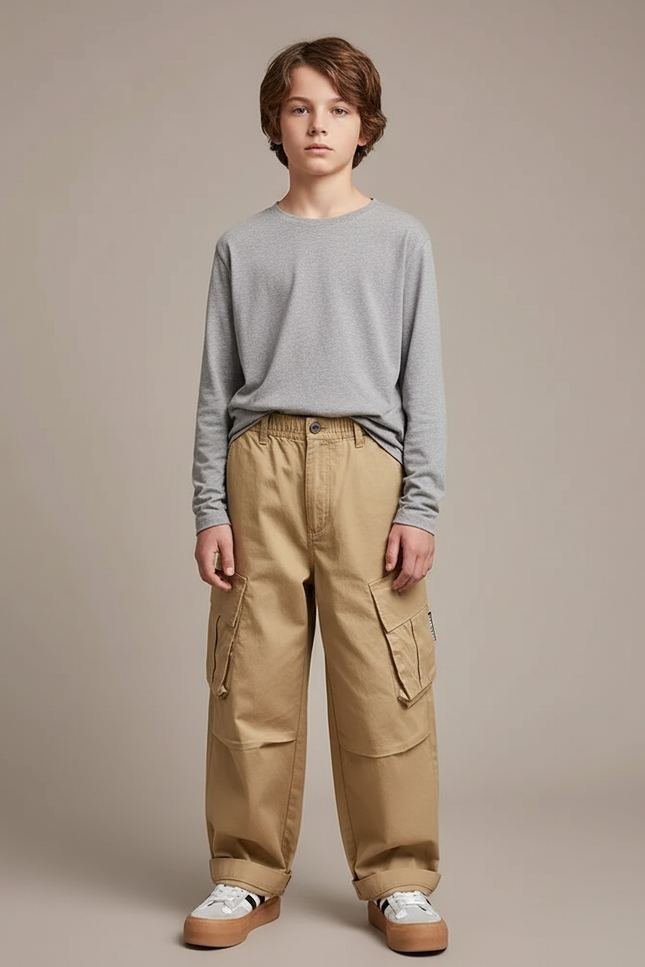 Pantalon Cargo Beige Ample Multipoches Enfant Décontracté - Toile