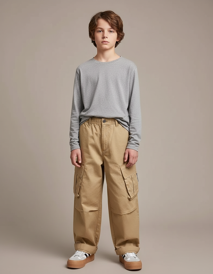 Pantalon Cargo Beige Ample Multipoches Enfant Décontracté - Toile