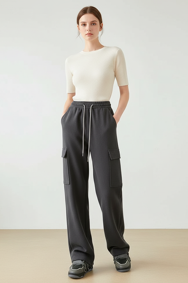 Pantalon Cargo Molletonné Gris Ample Décontracté Femmes