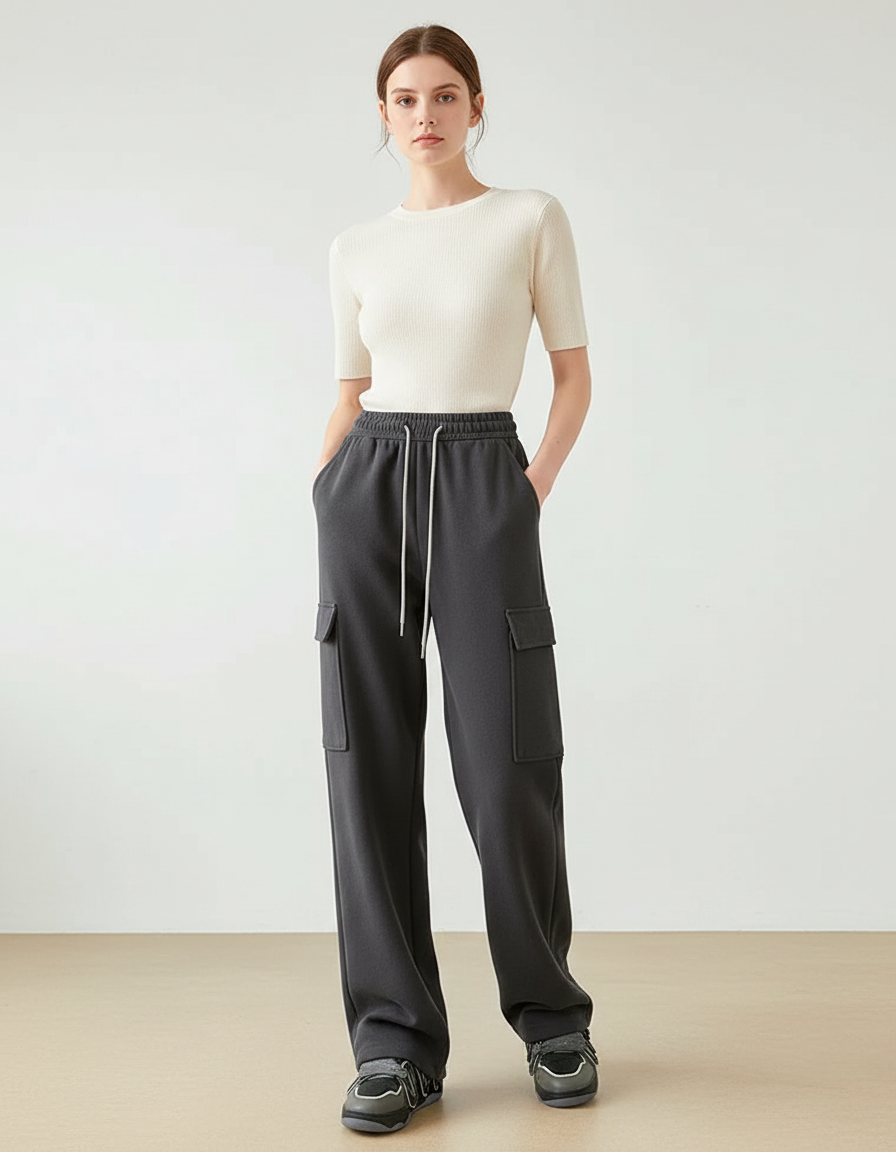 Pantalon Cargo Molletonné Gris Ample Décontracté Femmes