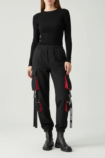 Pantalon Cargo Noir Streetwear Poches Rouges Sangles - Polyester