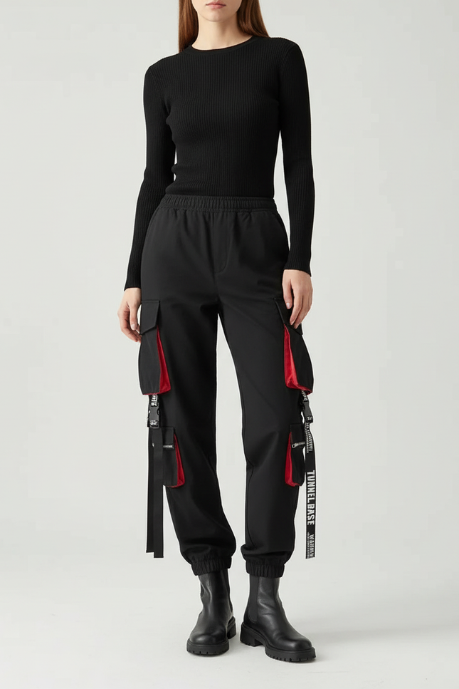 Pantalon Cargo Noir Streetwear Poches Rouges Sangles - Polyester