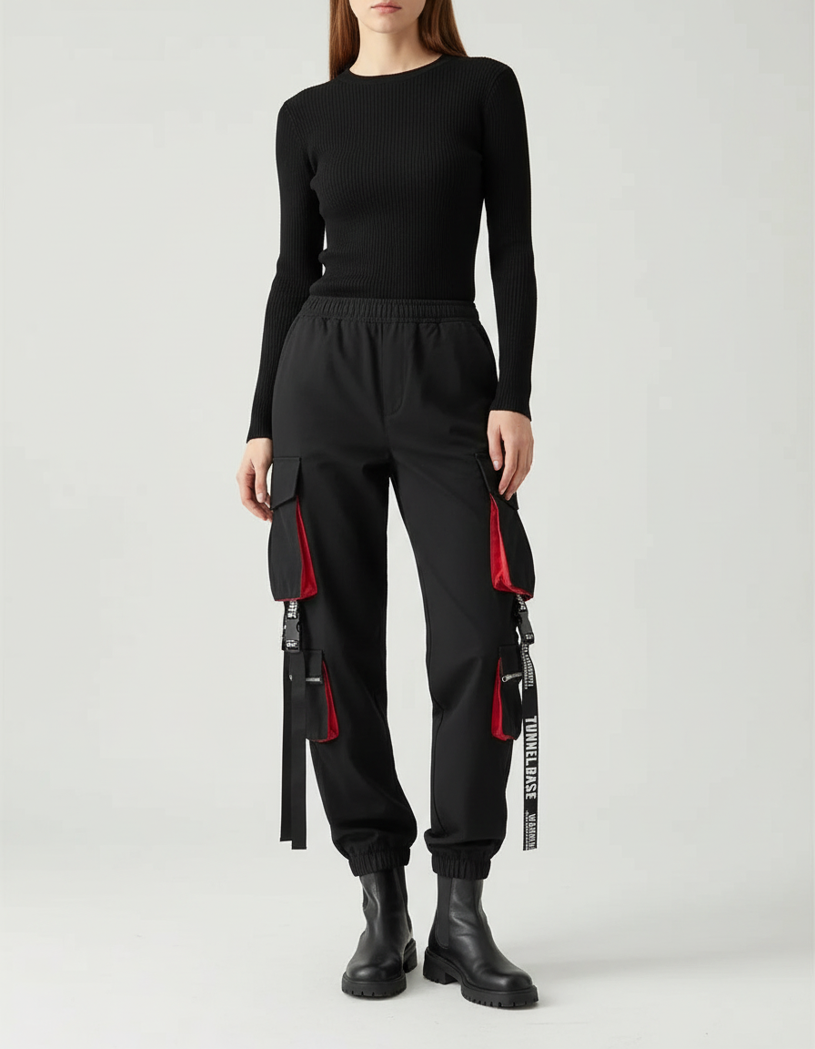Pantalon Cargo Noir Streetwear Poches Rouges Sangles - Polyester