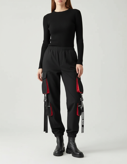 Pantalon Cargo Noir Streetwear Poches Rouges Sangles - Polyester