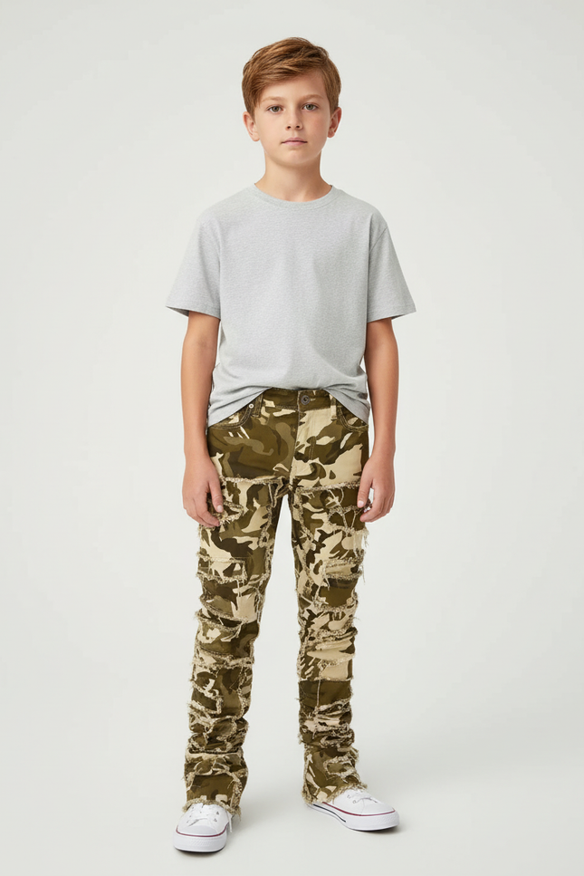 Pantalon Cargo Camouflage Patchwork Effiloché Slim Garçon - Multicolore Jean