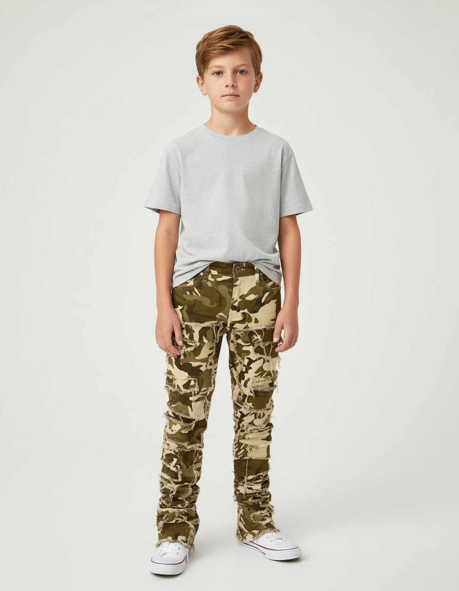 Pantalon Cargo Camouflage Patchwork Effiloché Slim Garçon - Multicolore Jean