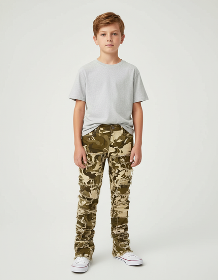 Pantalon Cargo Camouflage Patchwork Effiloché Slim Garçon - Multicolore Jean