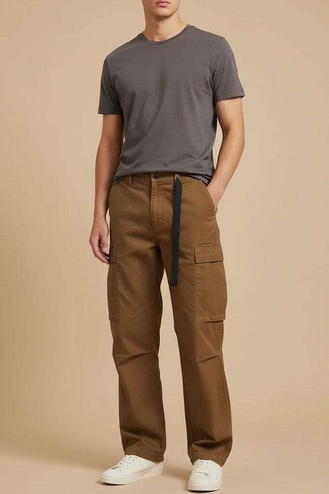 Pantalon Cargo Marron Ample Multipoches Coton Homme - Toile