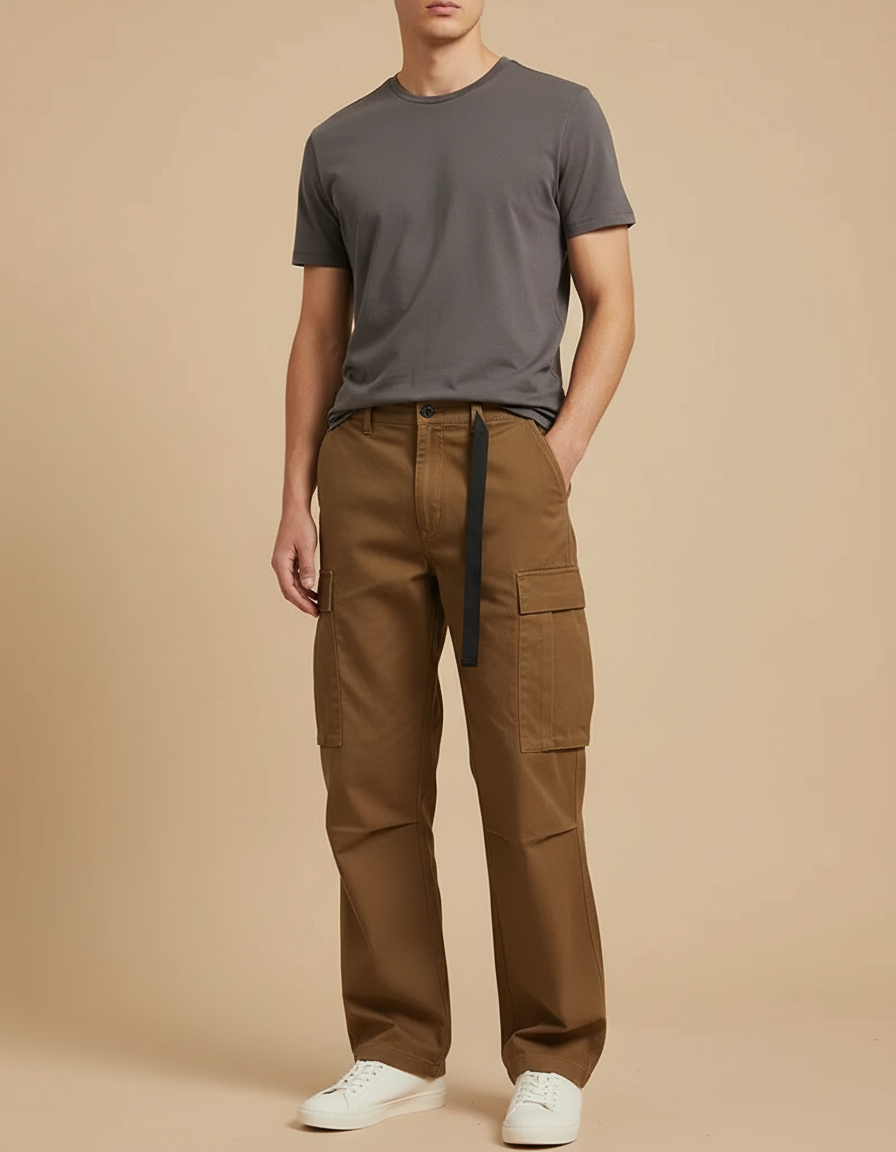 Pantalon Cargo Marron Ample Multipoches Coton Homme - Toile
