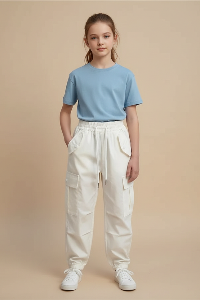 Pantalon Cargo Blanc Ample Coton Poches Enfant - Toile