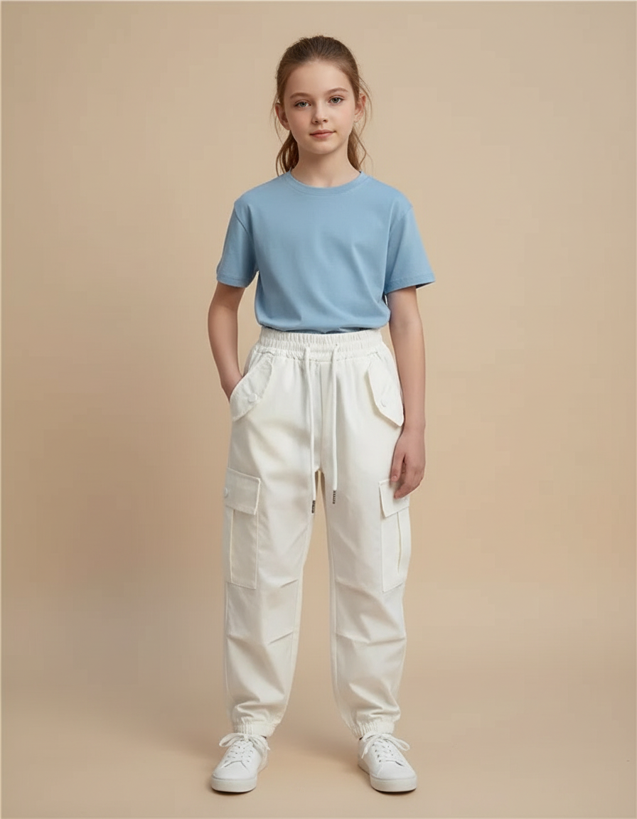 Pantalon Cargo Blanc Ample Coton Poches Enfant - Toile
