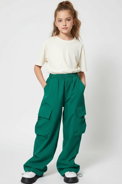 Pantalon Cargo Vert Ample Décontracté Poches Fille - Polyester