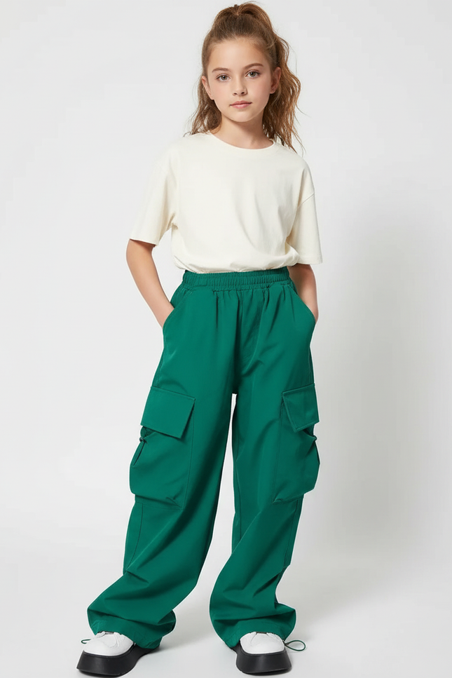 Pantalon Cargo Vert Ample Décontracté Poches Fille - Polyester