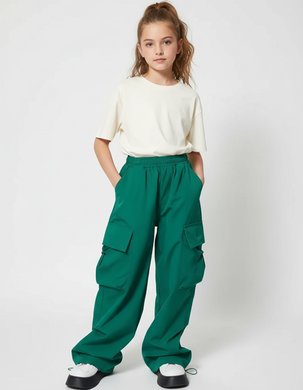 Pantalon Cargo Vert Ample Décontracté Poches Fille - Polyester