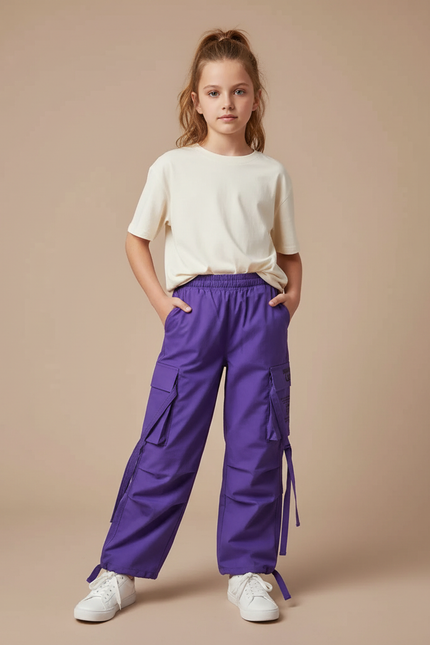 Pantalon Cargo Violet Ample Poches Fille Coton