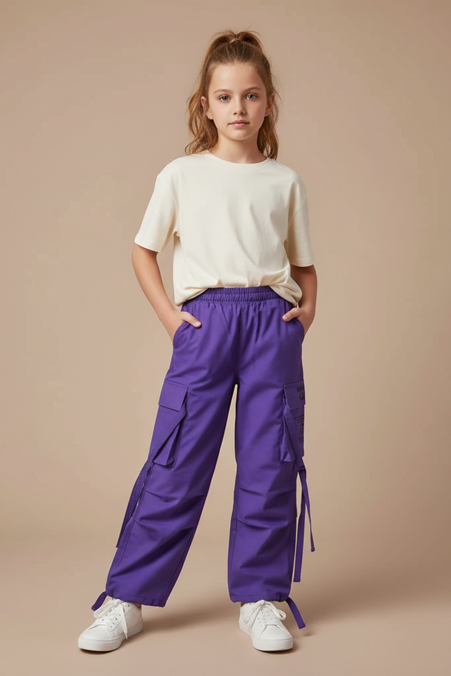 Pantalon Cargo Violet Ample Poches Fille Coton