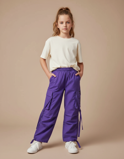 Pantalon Cargo Violet Ample Poches Fille Coton