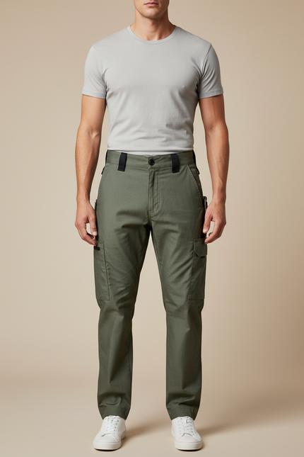 Pantalon Cargo Vert Militaire Droit Multipoches Coton - Kaki