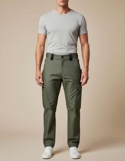 Pantalon Cargo Vert Militaire Droit Multipoches Coton - Kaki
