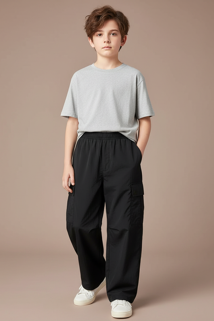 Pantalon Cargo Noir Ample Décontracté Enfant Coton - Polyester