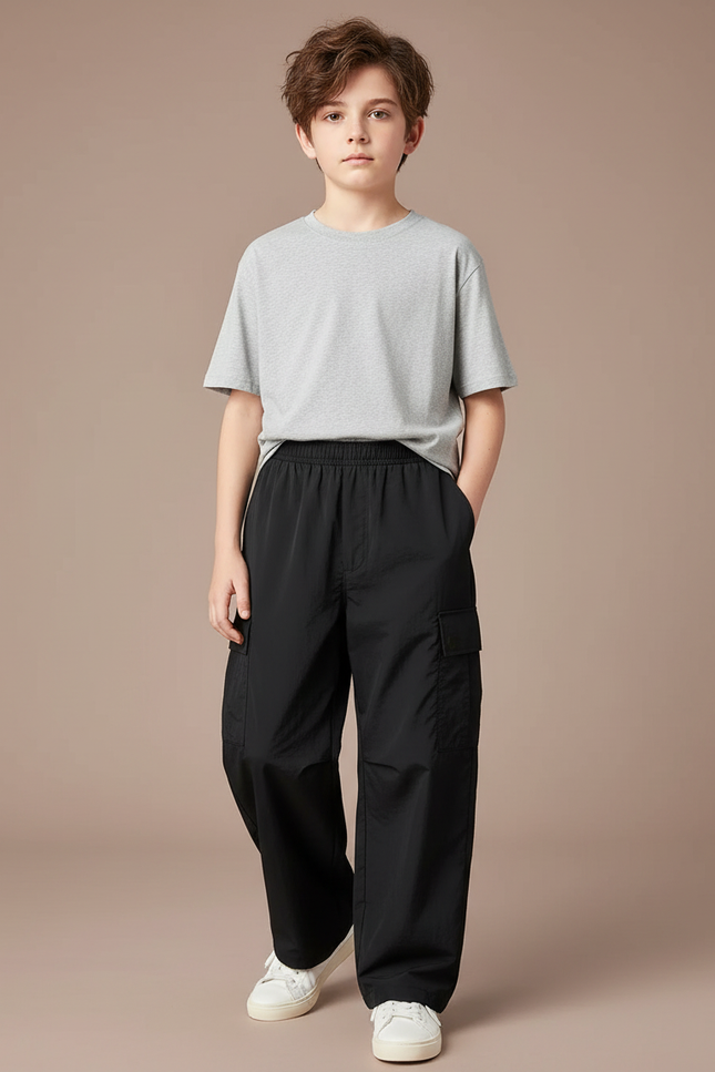 Pantalon Cargo Noir Ample Décontracté Enfant Coton - Polyester