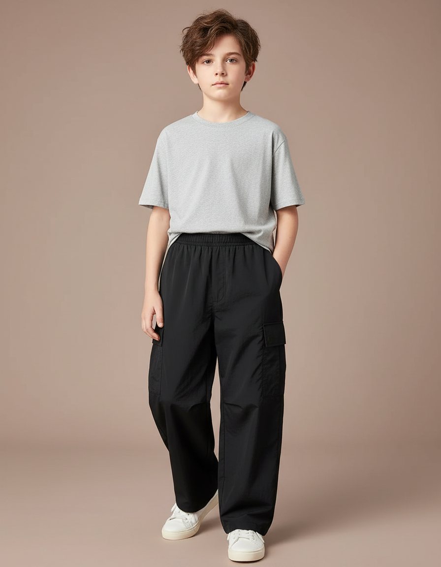Pantalon Cargo Noir Ample Décontracté Enfant Coton - Polyester