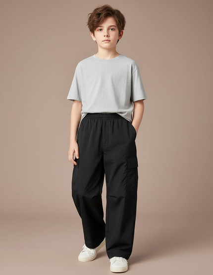 Pantalon Cargo Noir Ample Décontracté Enfant Coton - Polyester