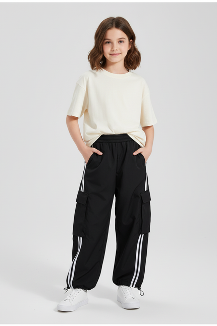 Pantalon Cargo Noir Ample Bandes Blanches Enfant - Polyester